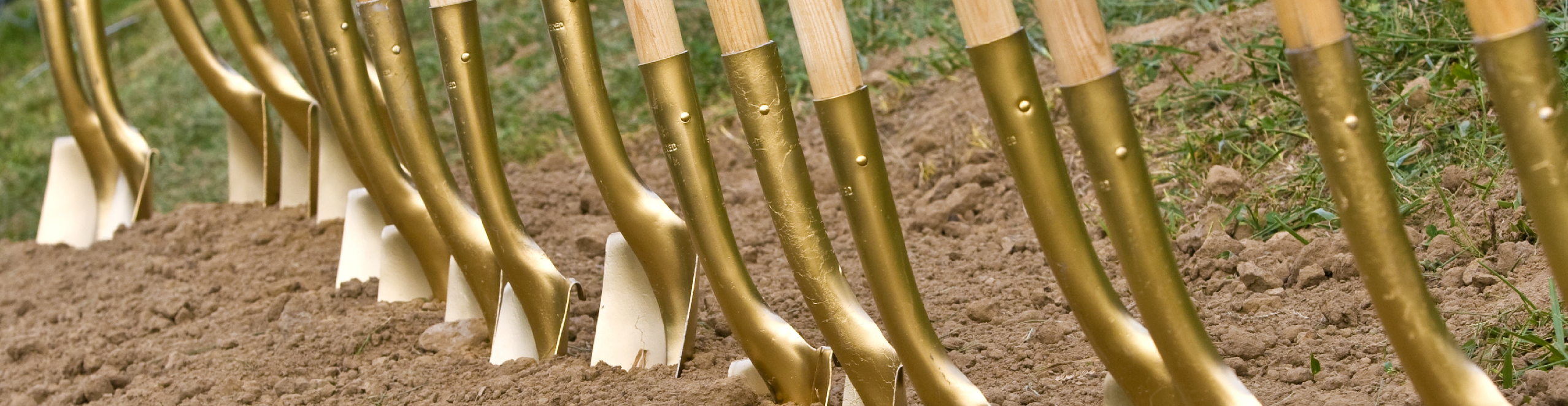 shovels are lined up for a groundbreaking at a school
